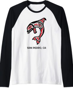 San Pedro, California Native American Orca Killer Whale Raglan Baseball Tee